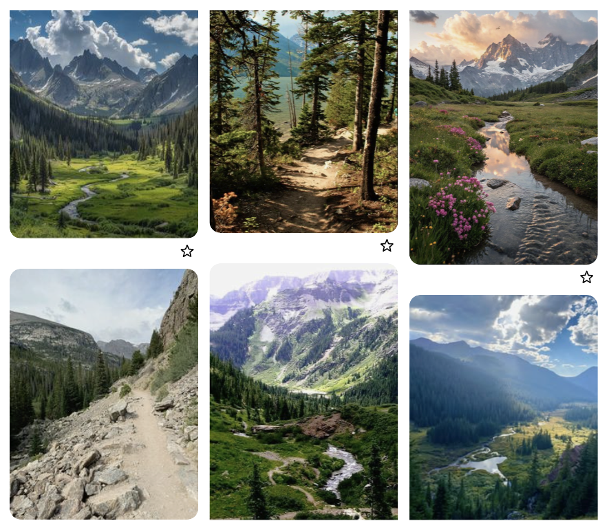 Screenshot from A Bride for Griffin's Pinterest board - with Colorado mountains, valleys, trails, streams. 